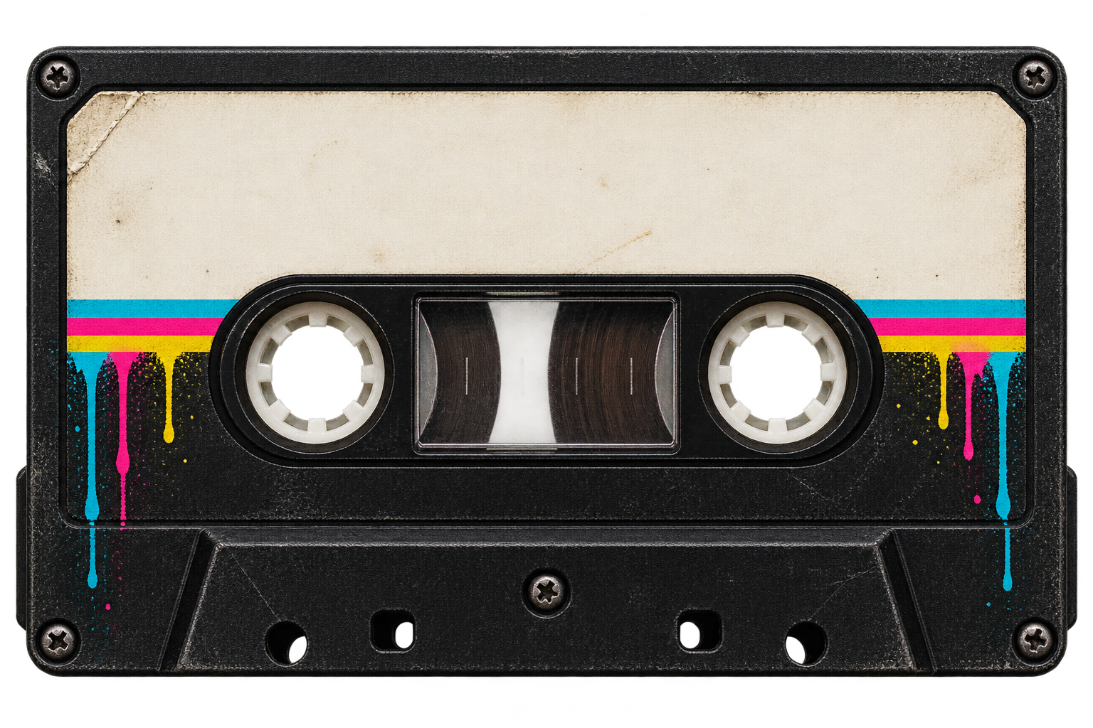 A black 1990s cassette with a cream writing label and vivid retro stripes.