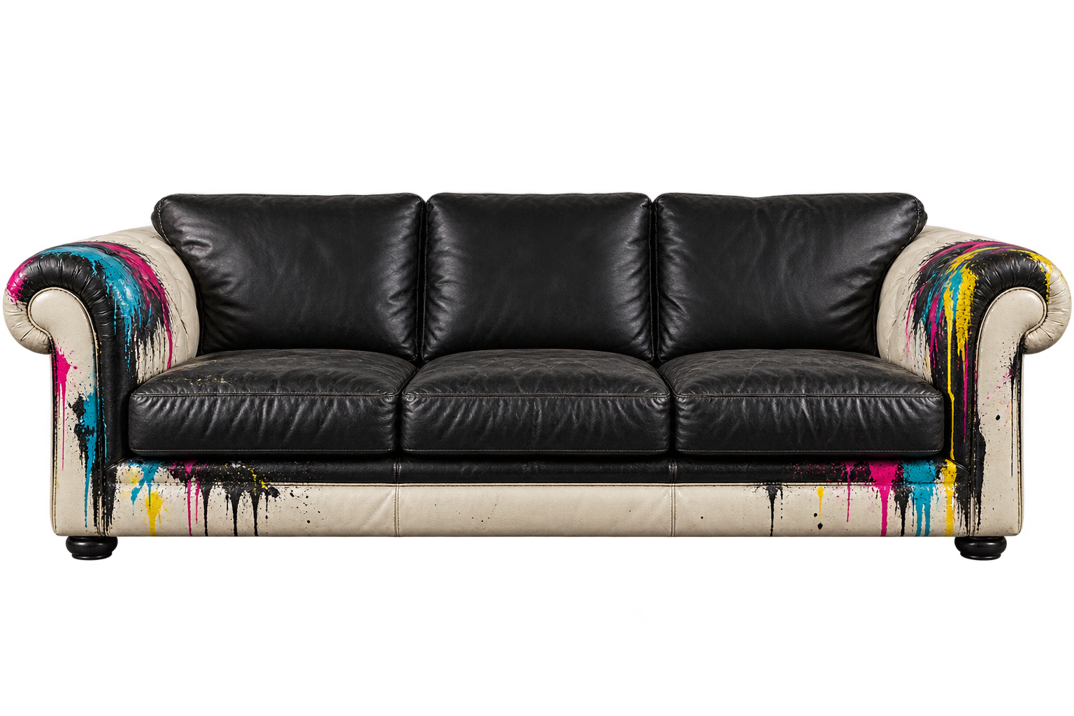 A black and cream 1990s couch with bright paint accents.