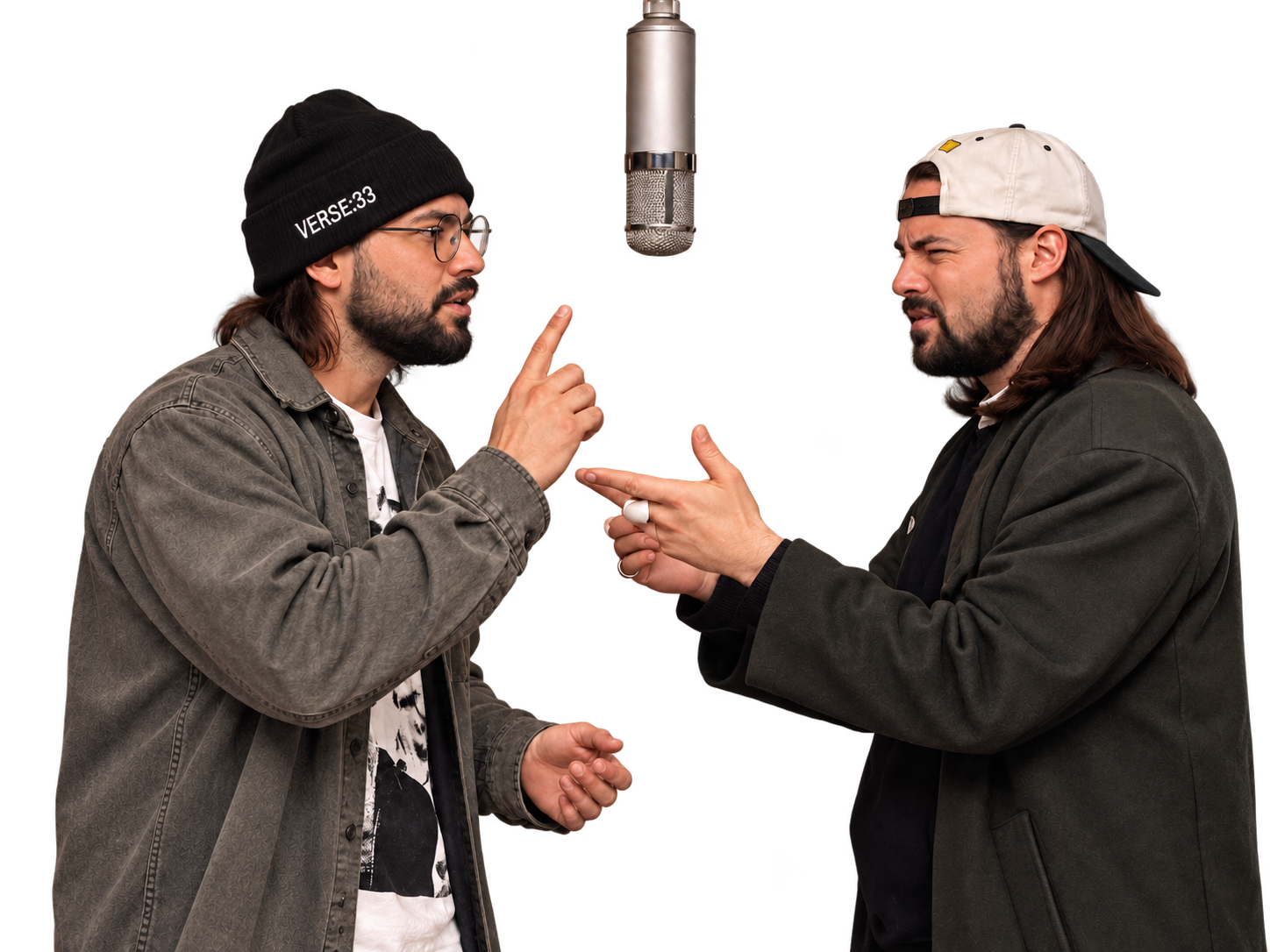 Two versions of Oscar gesturing in a playful microphone conversation.