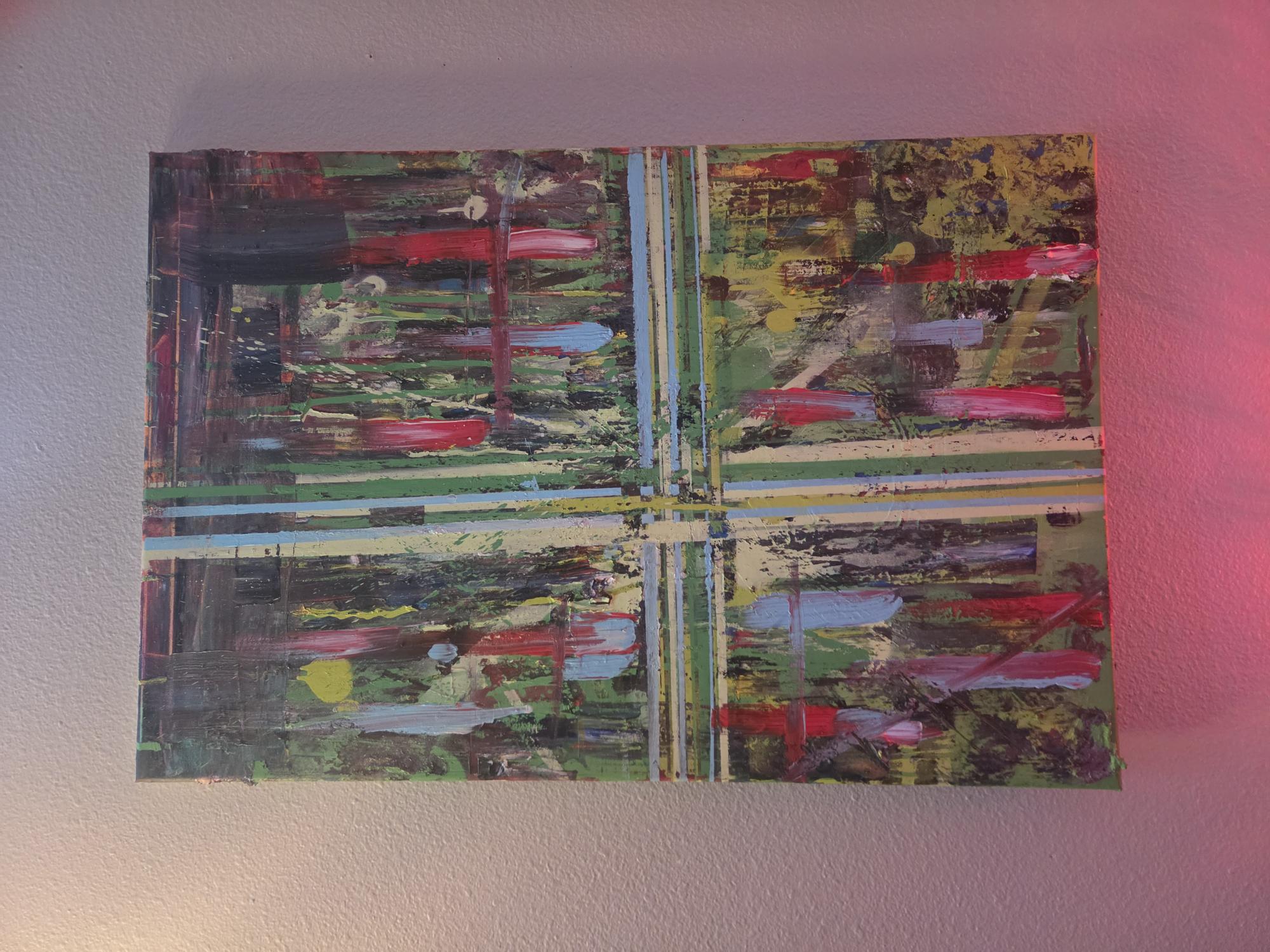 Original abstract painting with intersecting bands and layered color.