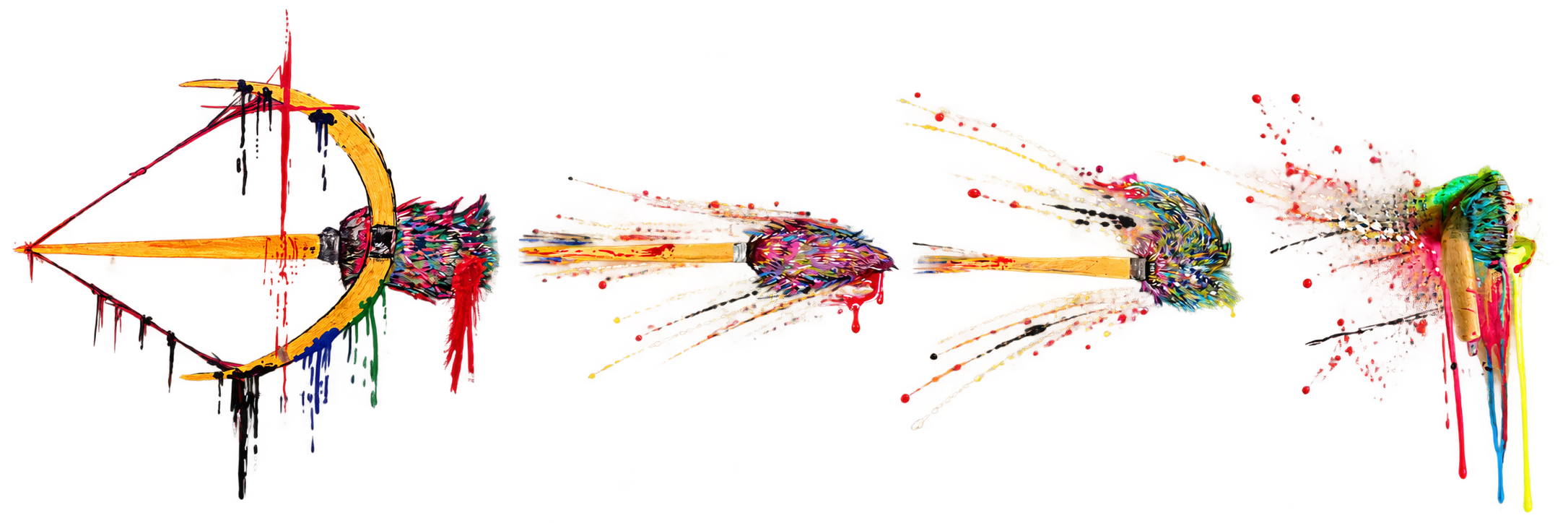 Original art sequence: a bow launches a brush-arrow, the painted brush travels through the air, then becomes a real paintbrush with colorful dripping paint.