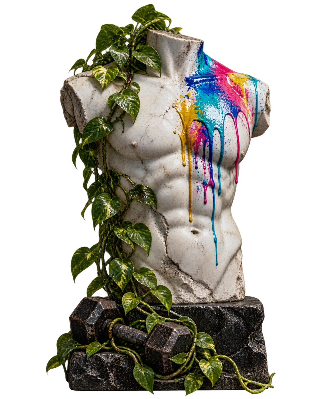 Paint-dripped marble torso with trailing plants and an iron dumbbell.